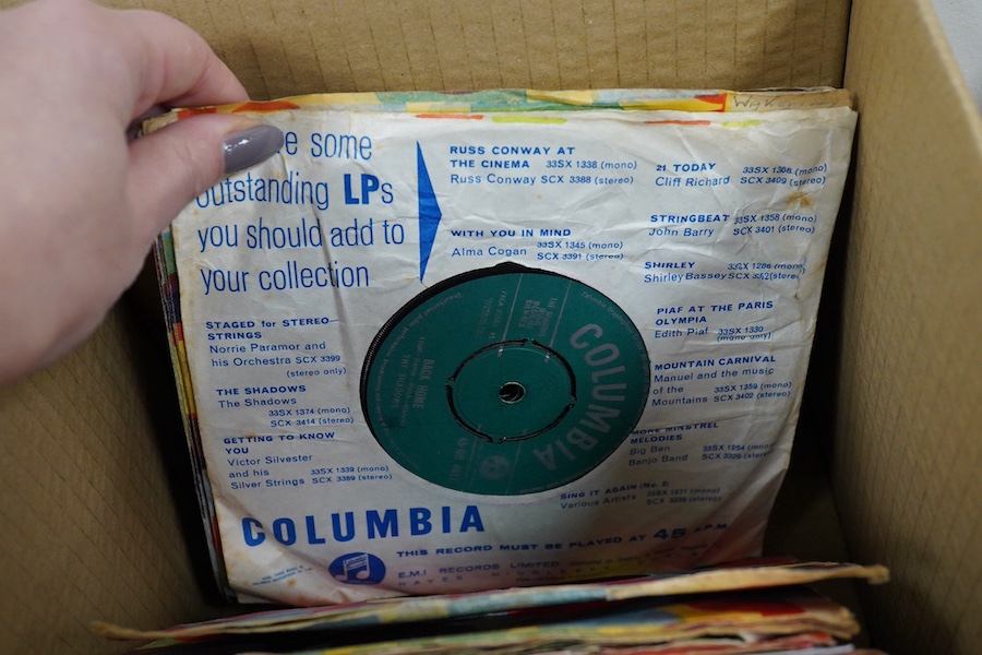 Three boxes of 7 inch singles, all on the Columbia label, artists include; Cliff Richard and the Drifters, the Tarriers, Benny Goodman, Doris Day, Eddie Calvert, The Animals, the Shadows, Kathy Kirby, Hank Marvin, The Ba